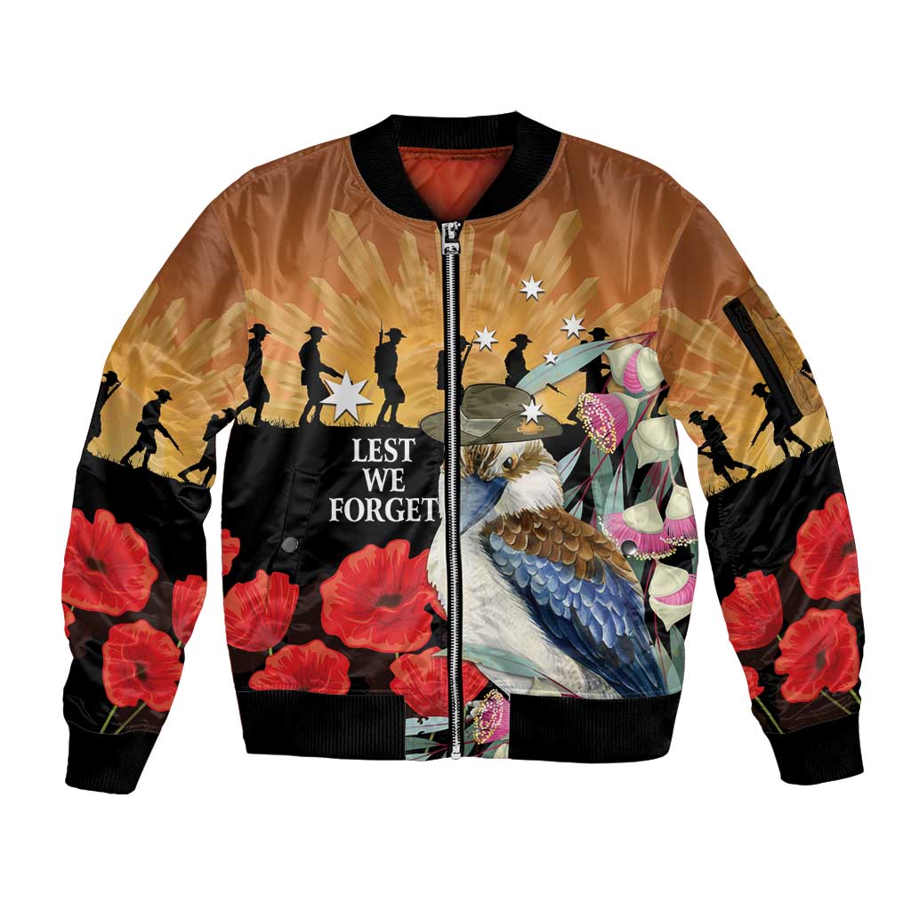 Australia Kookaburra ANZAC Day Sleeve Zip Bomber Jacket Rising Sun 25th April Poppy Eucalyptus Blossoms - Aussie Hoodie