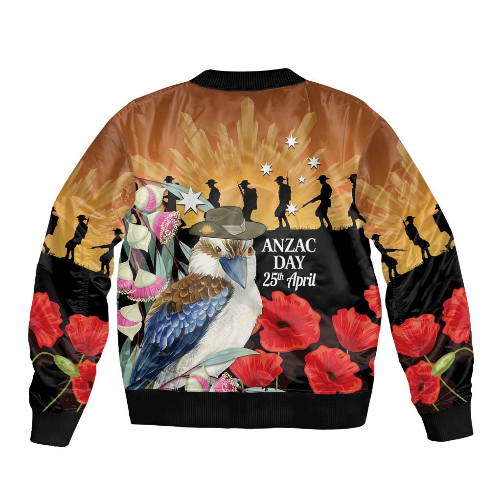 Australia Kookaburra ANZAC Day Sleeve Zip Bomber Jacket Rising Sun 25th April Poppy Eucalyptus Blossoms - Aussie Hoodie