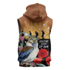 Australia Kookaburra ANZAC Day Sleeveless Hoodie Rising Sun 25th April Poppy Eucalyptus Blossoms - Aussie Hoodie