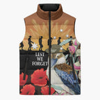 Australia Kookaburra ANZAC Day Sleeveless Puffer Jacket Rising Sun 25th April Poppy Eucalyptus Blossoms - Aussie Hoodie