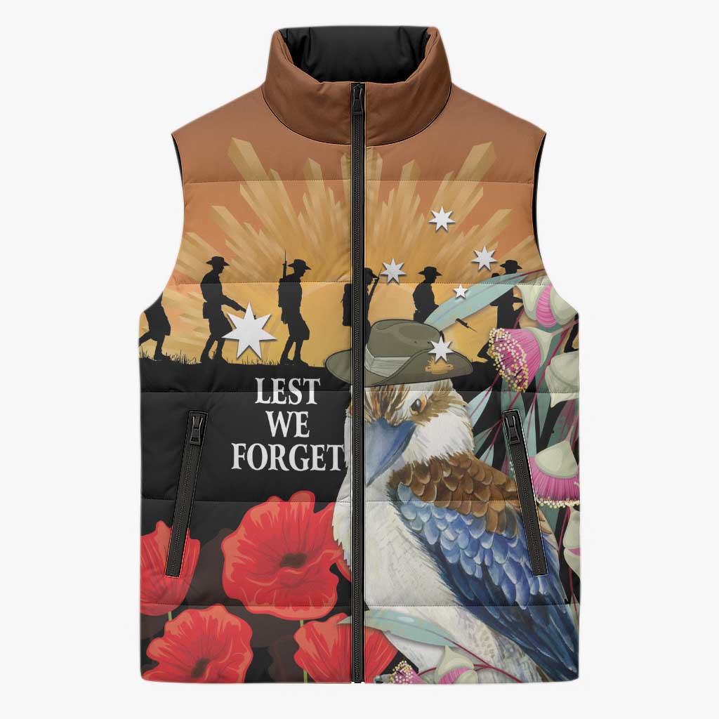 Australia Kookaburra ANZAC Day Sleeveless Puffer Jacket Rising Sun 25th April Poppy Eucalyptus Blossoms - Aussie Hoodie