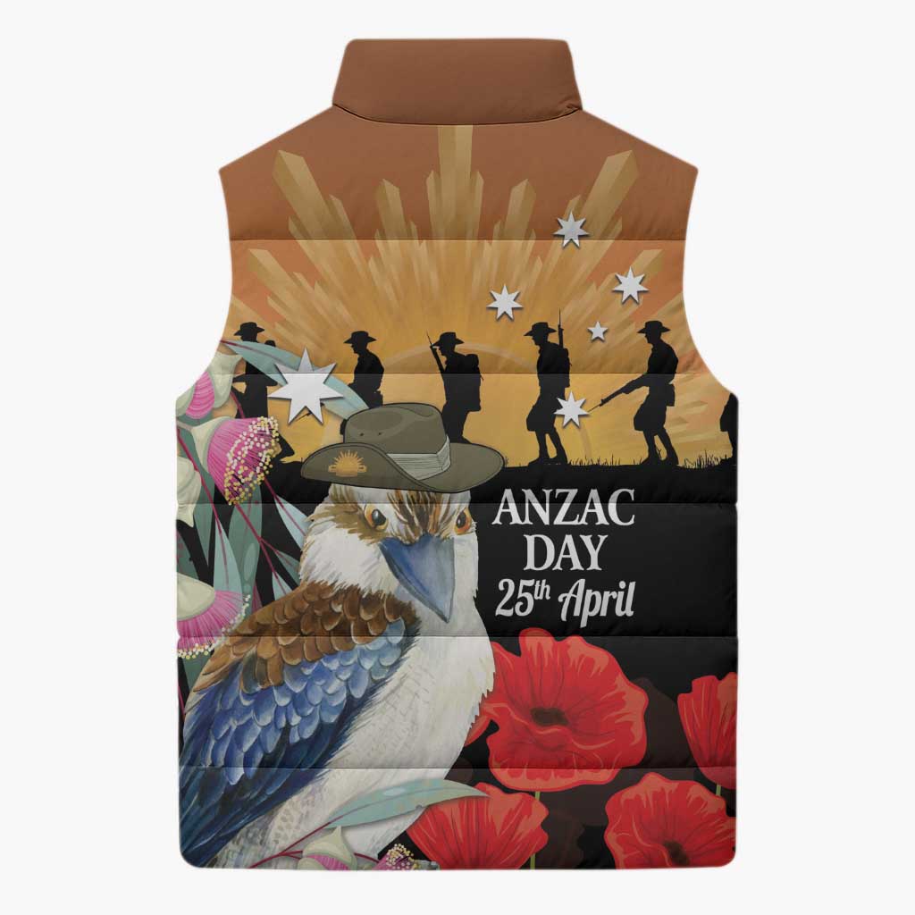Australia Kookaburra ANZAC Day Sleeveless Puffer Jacket Rising Sun 25th April Poppy Eucalyptus Blossoms - Aussie Hoodie