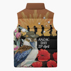 Australia Kookaburra ANZAC Day Sleeveless Puffer Jacket Rising Sun 25th April Poppy Eucalyptus Blossoms - Aussie Hoodie