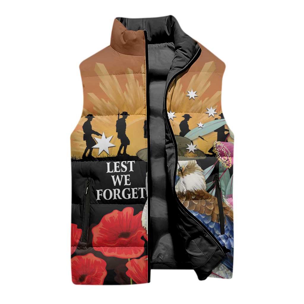 Australia Kookaburra ANZAC Day Sleeveless Puffer Jacket Rising Sun 25th April Poppy Eucalyptus Blossoms - Aussie Hoodie
