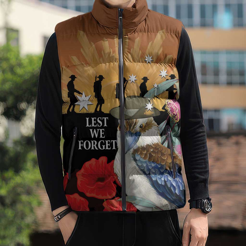 Australia Kookaburra ANZAC Day Sleeveless Puffer Jacket Rising Sun 25th April Poppy Eucalyptus Blossoms - Aussie Hoodie