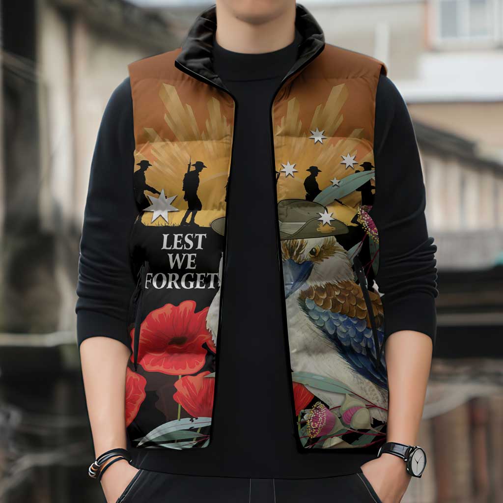 Australia Kookaburra ANZAC Day Sleeveless Puffer Jacket Rising Sun 25th April Poppy Eucalyptus Blossoms - Aussie Hoodie