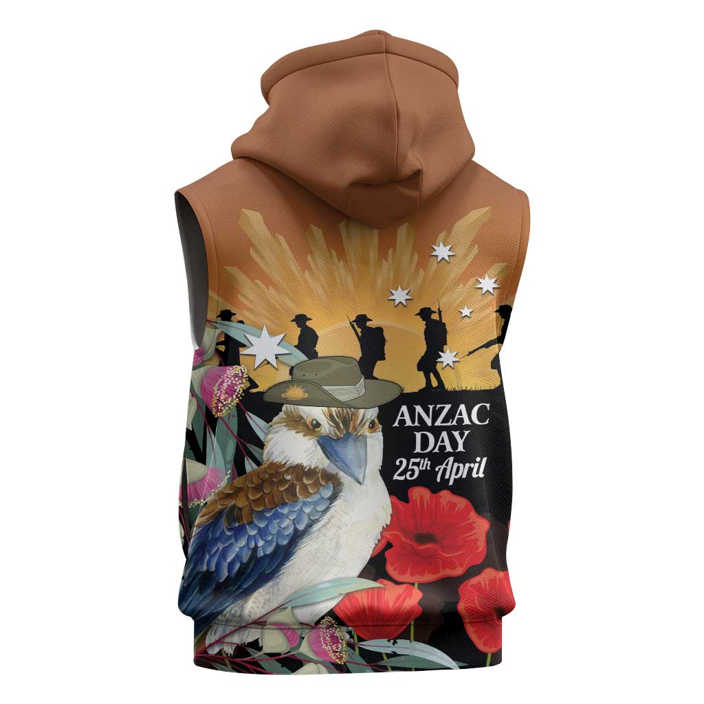 Australia Kookaburra ANZAC Day Sleeveless Zip Hoodie Rising Sun 25th April Poppy Eucalyptus Blossoms - Aussie Hoodie