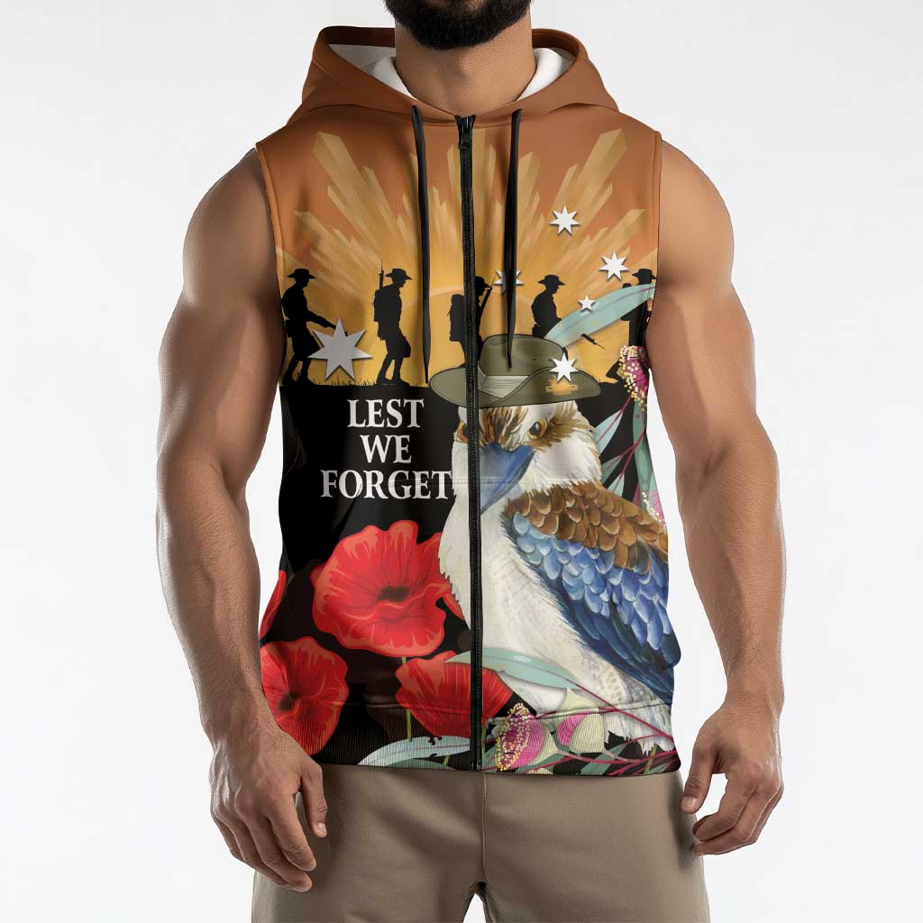 Australia Kookaburra ANZAC Day Sleeveless Zip Hoodie Rising Sun 25th April Poppy Eucalyptus Blossoms - Aussie Hoodie