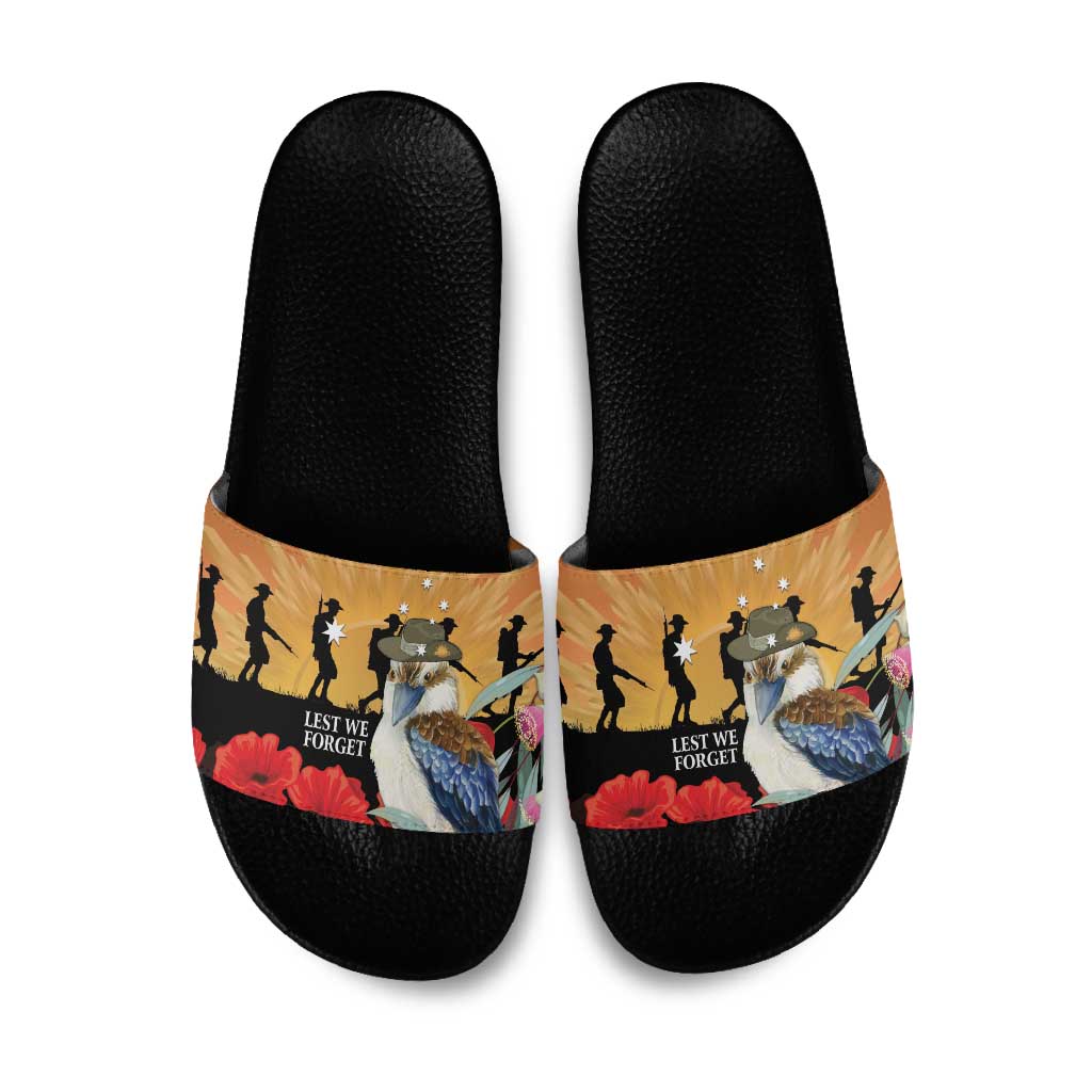 Australia Kookaburra ANZAC Day Slide Sandals Rising Sun 25th April Poppy Eucalyptus Blossoms - Aussie Hoodie