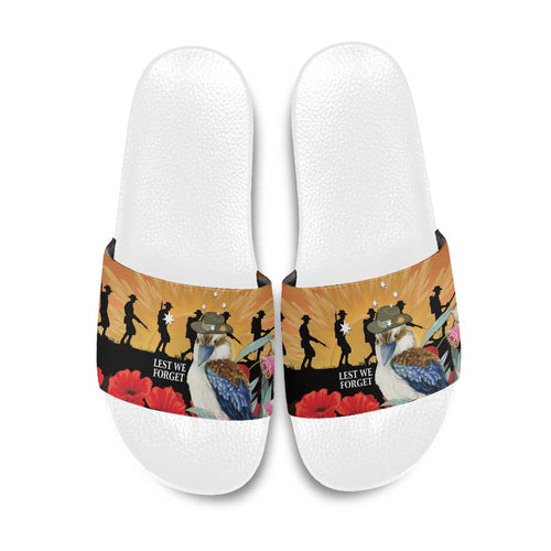 Australia Kookaburra ANZAC Day Slide Sandals Rising Sun 25th April Poppy Eucalyptus Blossoms - Aussie Hoodie