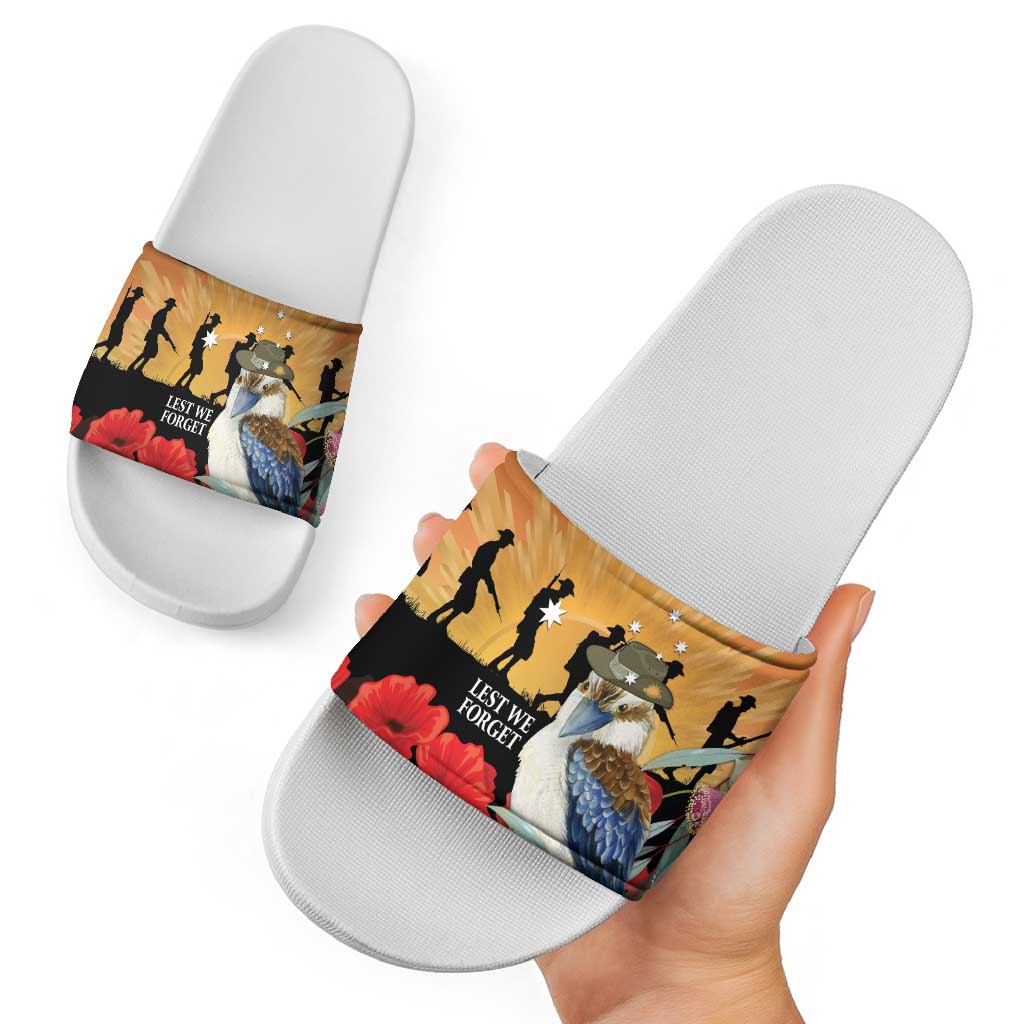 Australia Kookaburra ANZAC Day Slide Sandals Rising Sun 25th April Poppy Eucalyptus Blossoms - Aussie Hoodie