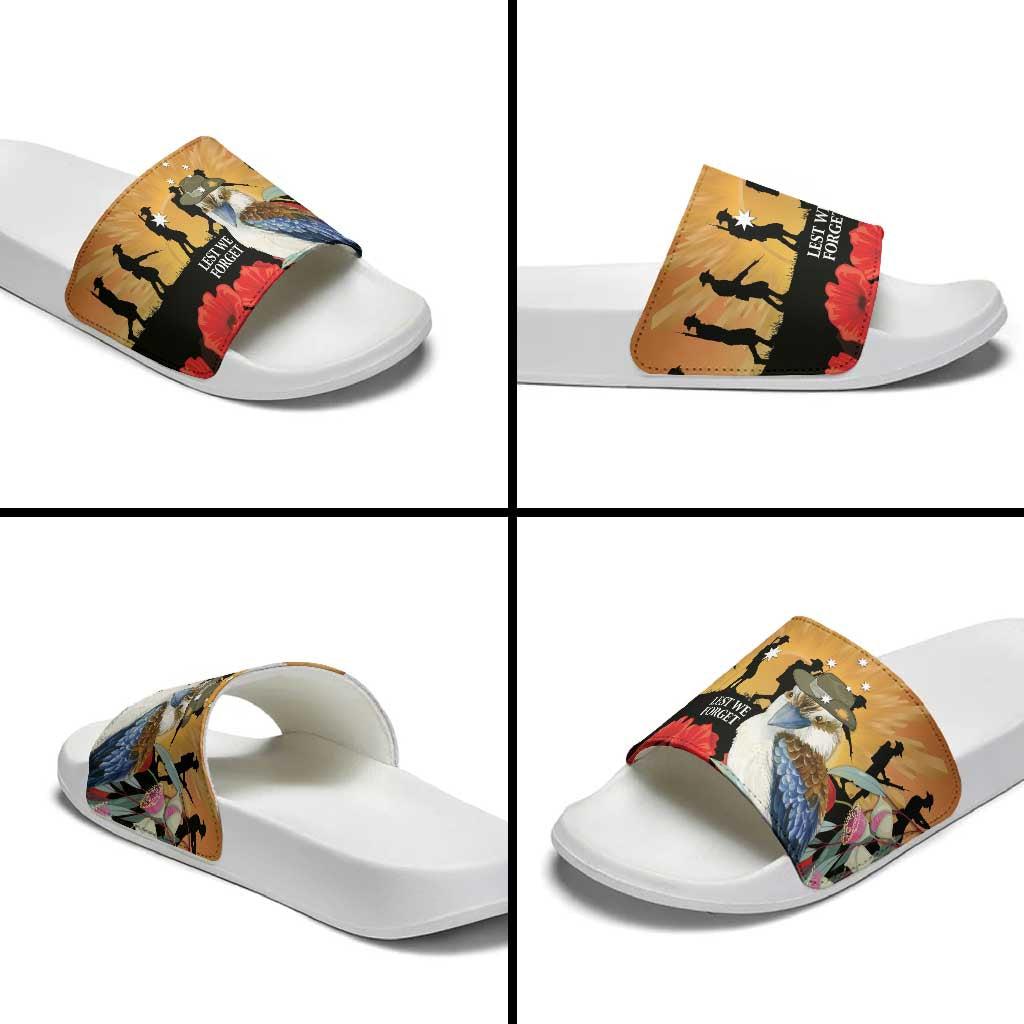 Australia Kookaburra ANZAC Day Slide Sandals Rising Sun 25th April Poppy Eucalyptus Blossoms - Aussie Hoodie