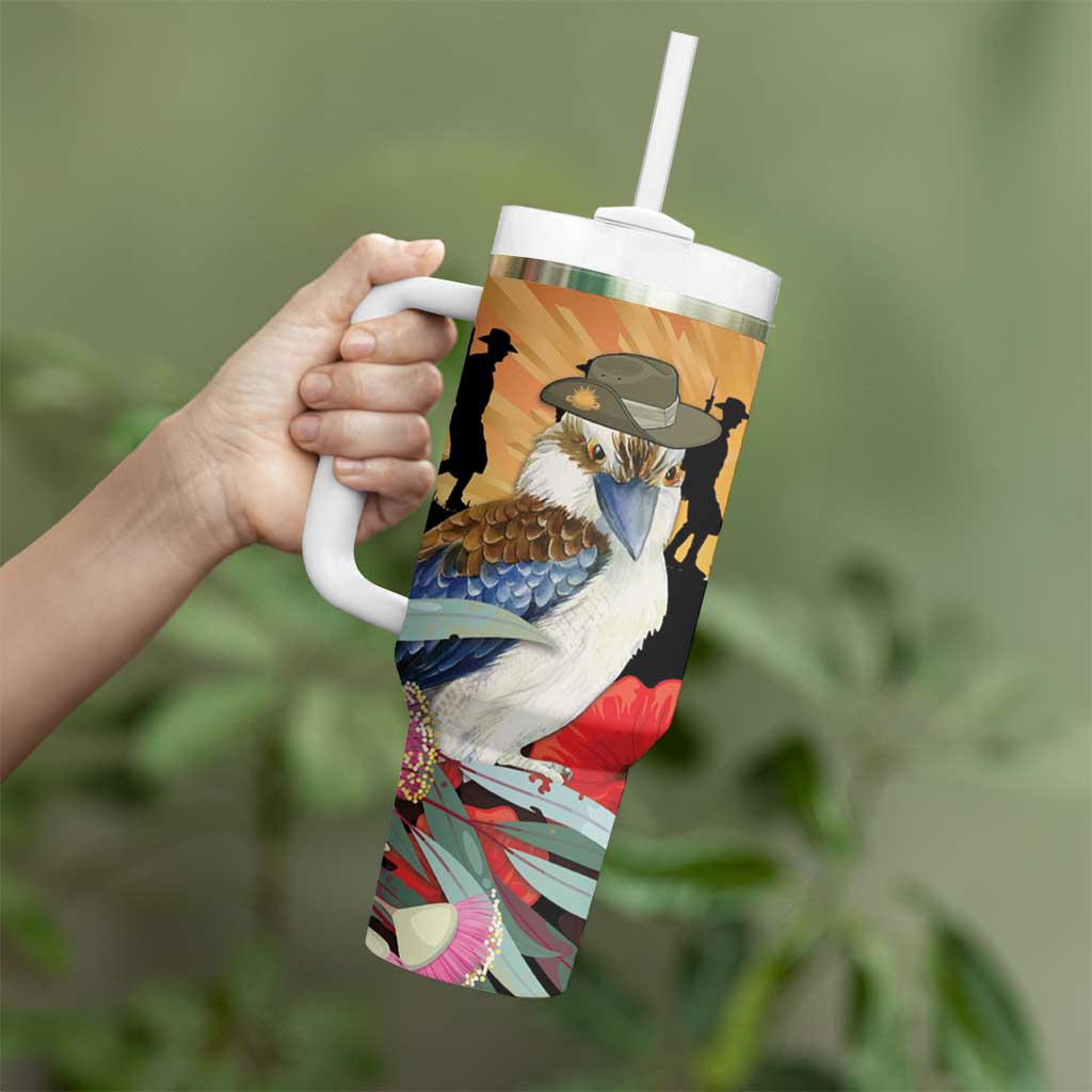 Australia Kookaburra ANZAC Day Tumbler With Handle Rising Sun 25th April Poppy Eucalyptus Blossoms - Aussie Hoodie