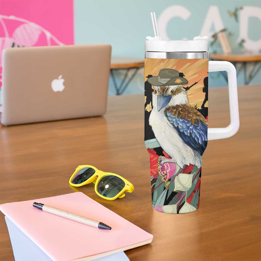 Australia Kookaburra ANZAC Day Tumbler With Handle Rising Sun 25th April Poppy Eucalyptus Blossoms - Aussie Hoodie