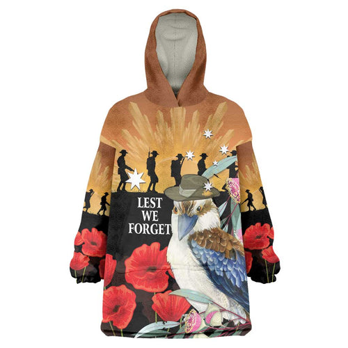 Australia Kookaburra ANZAC Day Wearable Blanket Hoodie Rising Sun 25th April Poppy Eucalyptus Blossoms - Aussie Hoodie