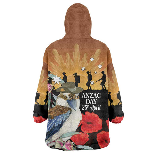 Australia Kookaburra ANZAC Day Wearable Blanket Hoodie Rising Sun 25th April Poppy Eucalyptus Blossoms - Aussie Hoodie