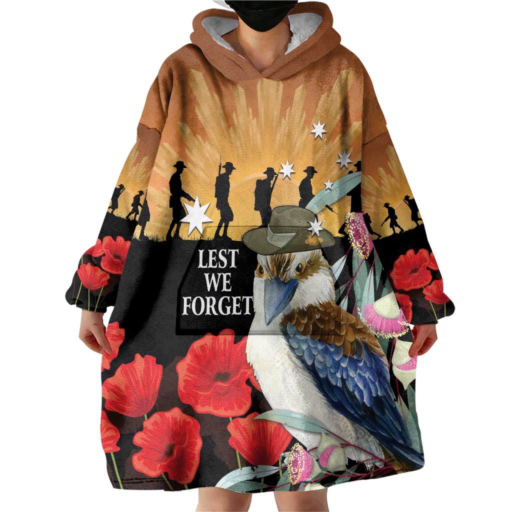 Australia Kookaburra ANZAC Day Wearable Blanket Hoodie Rising Sun 25th April Poppy Eucalyptus Blossoms - Aussie Hoodie