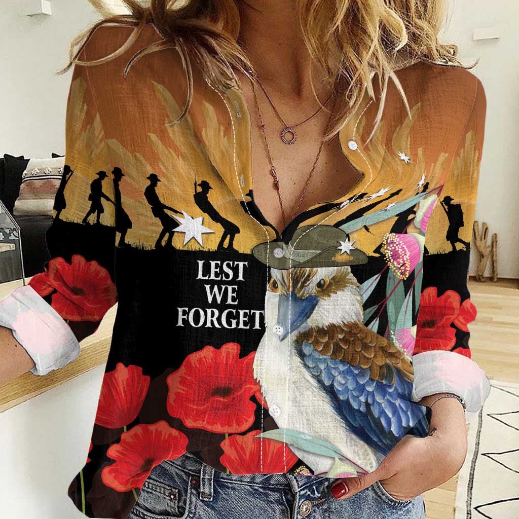 Australia Kookaburra ANZAC Day Women Casual Shirt Rising Sun 25th April Poppy Eucalyptus Blossoms - Aussie Hoodie