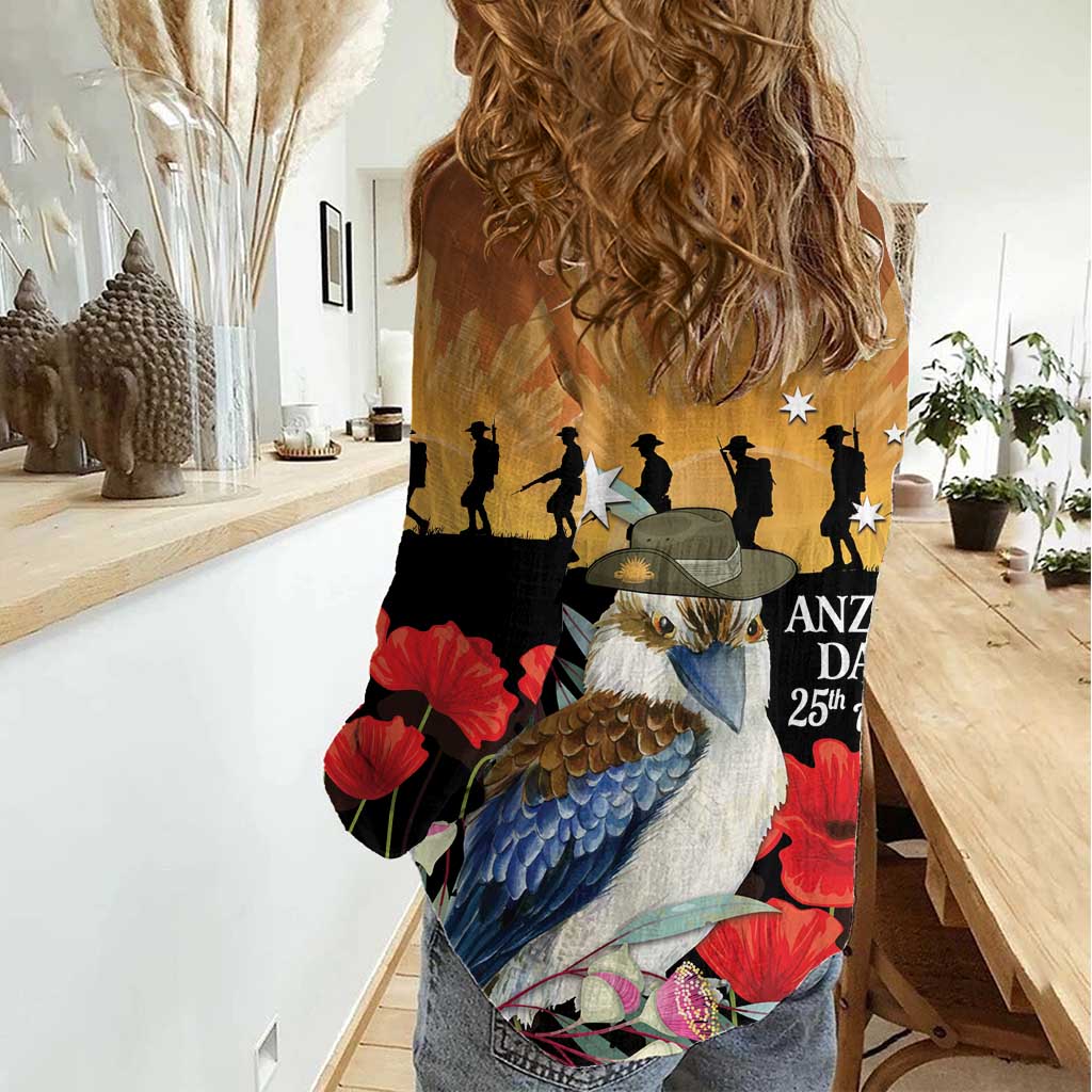 Australia Kookaburra ANZAC Day Women Casual Shirt Rising Sun 25th April Poppy Eucalyptus Blossoms - Aussie Hoodie