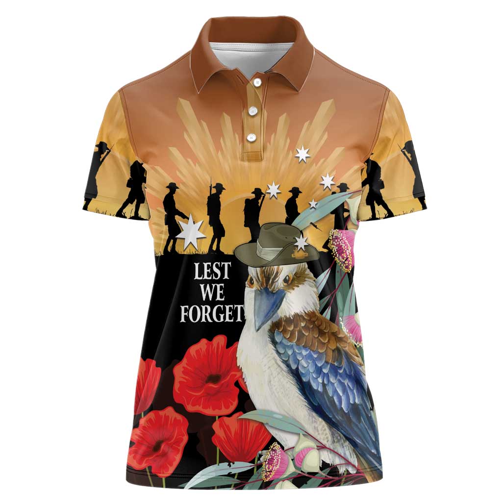 Australia Kookaburra ANZAC Day Women Polo Shirt Rising Sun 25th April Poppy Eucalyptus Blossoms - Aussie Hoodie