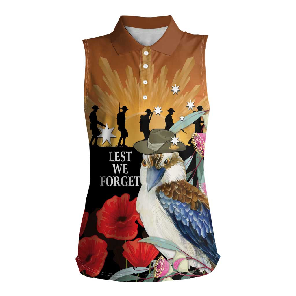Australia Kookaburra ANZAC Day Women Sleeveless Polo Shirt Rising Sun 25th April Poppy Eucalyptus Blossoms - Aussie Hoodie