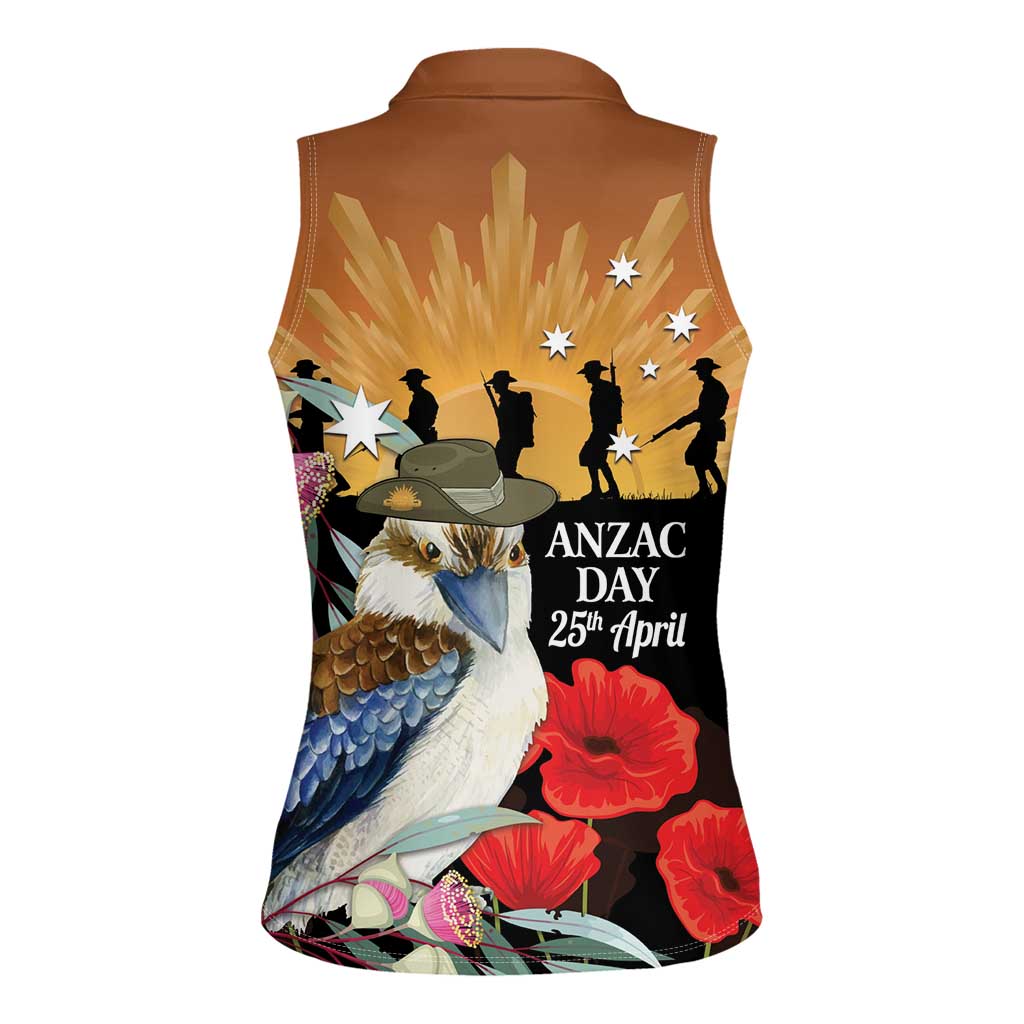 Australia Kookaburra ANZAC Day Women Sleeveless Polo Shirt Rising Sun 25th April Poppy Eucalyptus Blossoms - Aussie Hoodie