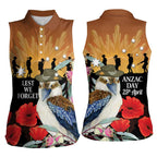 Australia Kookaburra ANZAC Day Women Sleeveless Polo Shirt Rising Sun 25th April Poppy Eucalyptus Blossoms - Aussie Hoodie