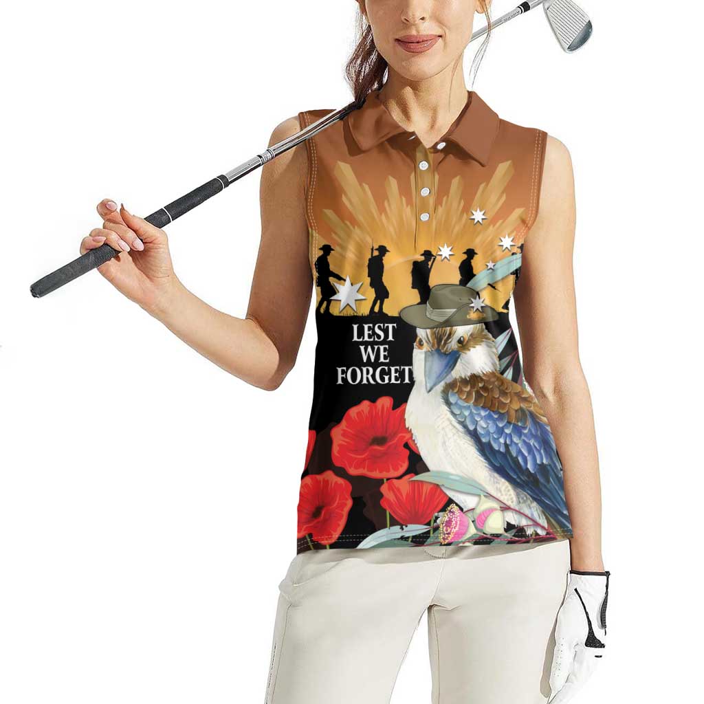 Australia Kookaburra ANZAC Day Women Sleeveless Polo Shirt Rising Sun 25th April Poppy Eucalyptus Blossoms - Aussie Hoodie