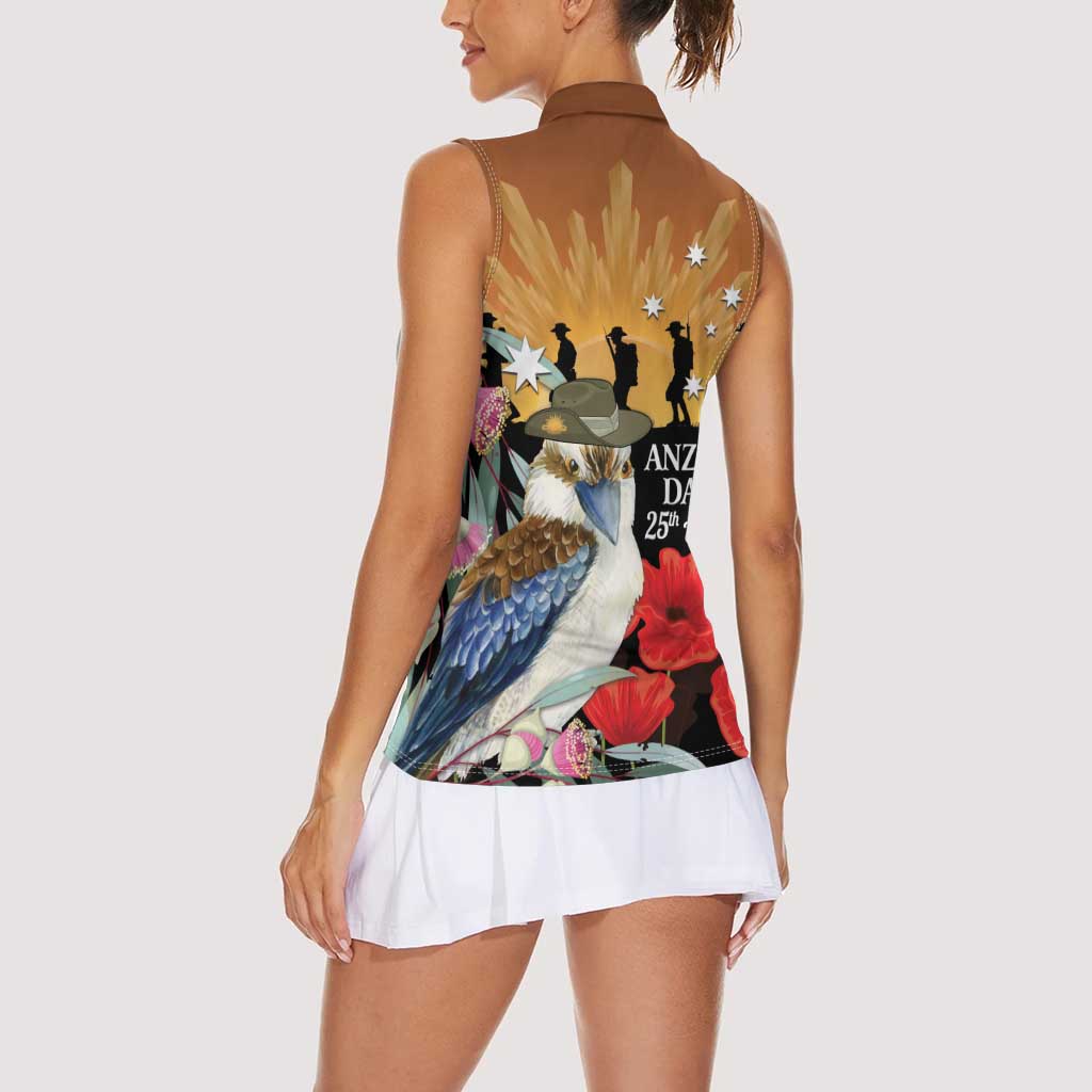 Australia Kookaburra ANZAC Day Women Sleeveless Polo Shirt Rising Sun 25th April Poppy Eucalyptus Blossoms - Aussie Hoodie