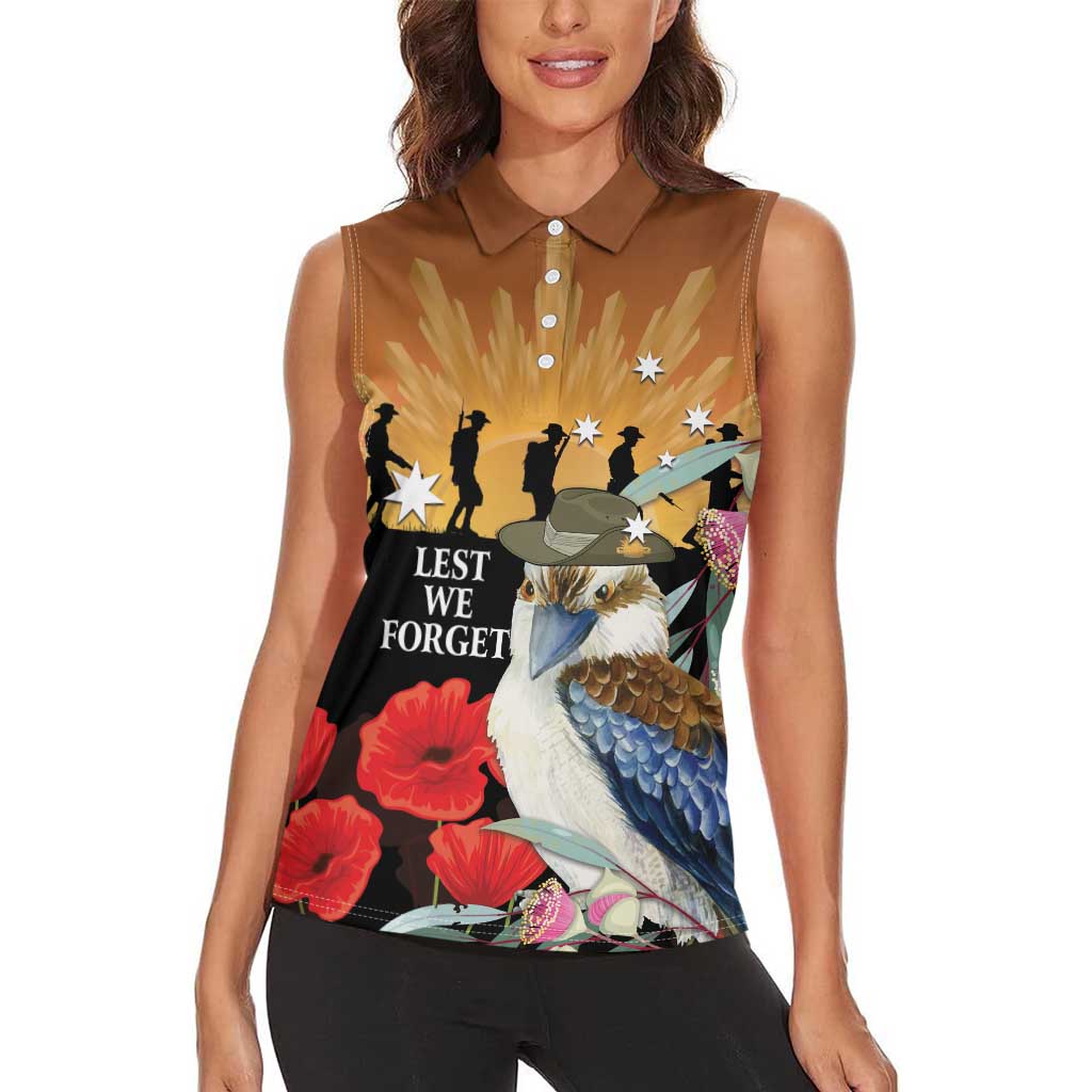 Australia Kookaburra ANZAC Day Women Sleeveless Polo Shirt Rising Sun 25th April Poppy Eucalyptus Blossoms - Aussie Hoodie