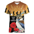 Australia Kookaburra ANZAC Day Women V-Neck T-Shirt Rising Sun 25th April Poppy Eucalyptus Blossoms - Aussie Hoodie