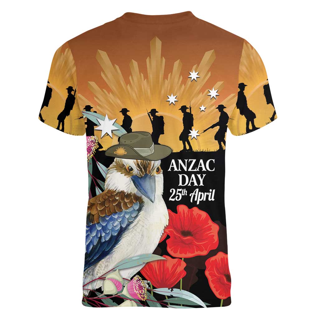 Australia Kookaburra ANZAC Day Women V-Neck T-Shirt Rising Sun 25th April Poppy Eucalyptus Blossoms - Aussie Hoodie