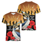 Australia Kookaburra ANZAC Day Women V-Neck T-Shirt Rising Sun 25th April Poppy Eucalyptus Blossoms - Aussie Hoodie