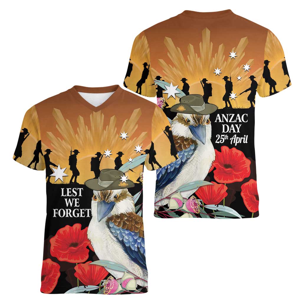 Australia Kookaburra ANZAC Day Women V-Neck T-Shirt Rising Sun 25th April Poppy Eucalyptus Blossoms - Aussie Hoodie