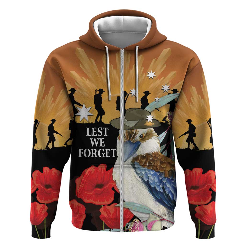 Australia Kookaburra ANZAC Day Zip Hoodie Rising Sun 25th April Poppy Eucalyptus Blossoms - Aussie Hoodie