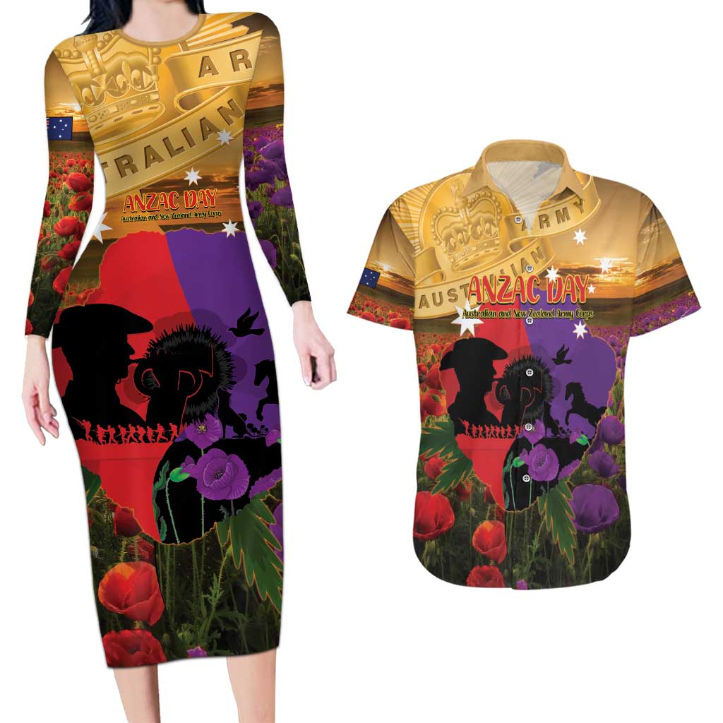 Australia ANZAC Day Couples Matching Long Sleeve Bodycon Dress and Hawaiian Shirt Australian Army Animals Lest We Forget
