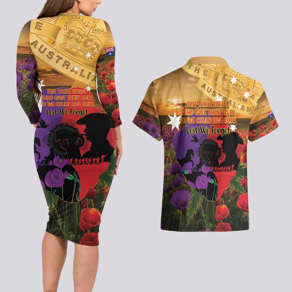 Australia ANZAC Day Couples Matching Long Sleeve Bodycon Dress and Hawaiian Shirt Australian Army Animals Lest We Forget
