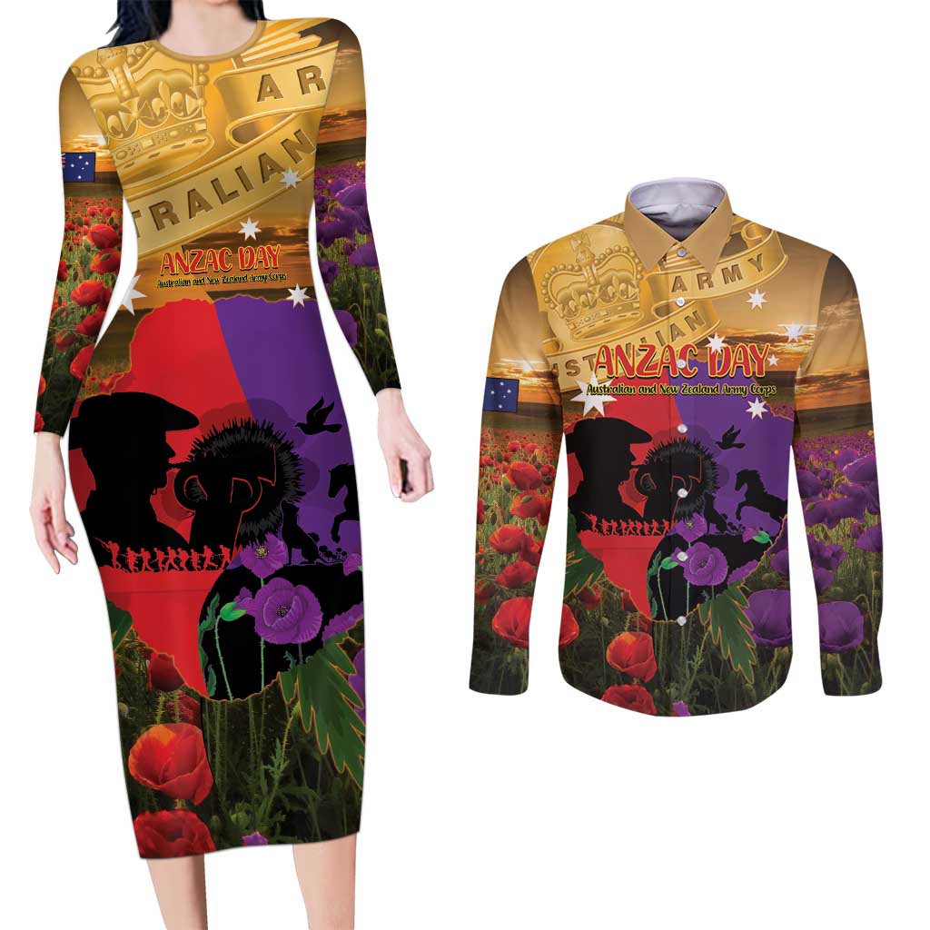 Australia ANZAC Day Couples Matching Long Sleeve Bodycon Dress and Long Sleeve Button Shirt Australian Army Animals Lest We Forget