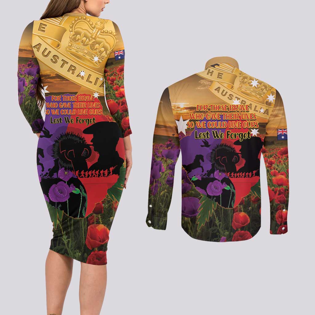 Australia ANZAC Day Couples Matching Long Sleeve Bodycon Dress and Long Sleeve Button Shirt Australian Army Animals Lest We Forget