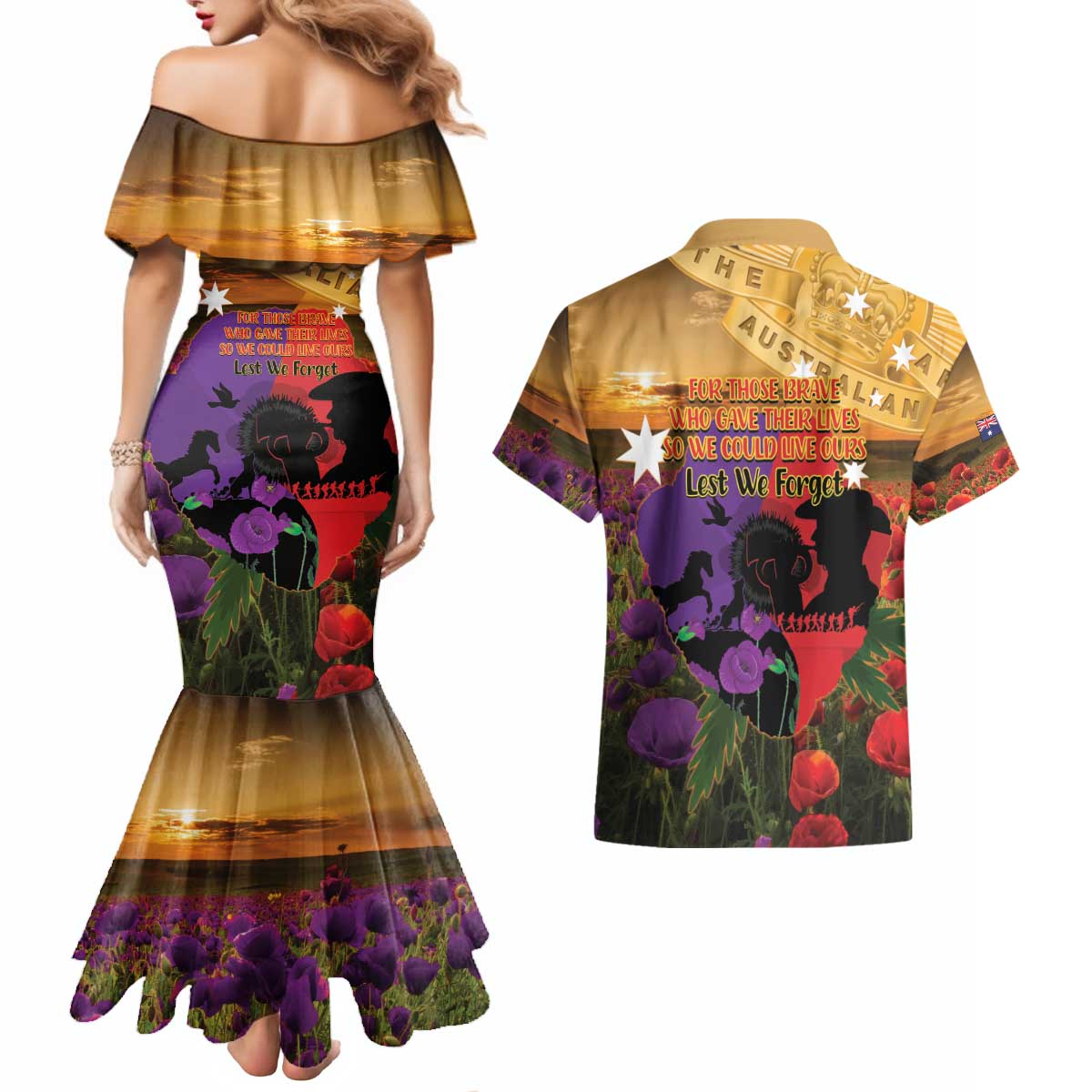 Australia ANZAC Day Couples Matching Mermaid Dress and Hawaiian Shirt Australian Army Animals Lest We Forget