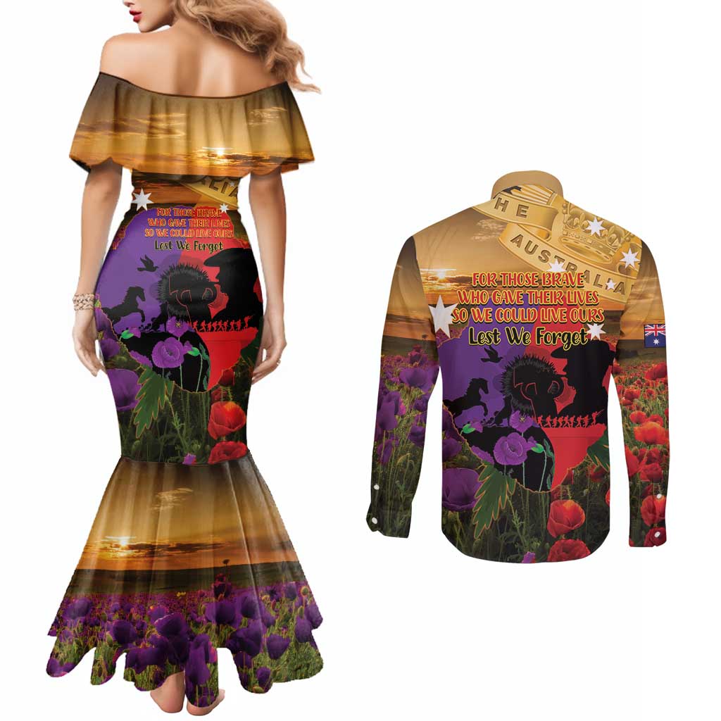 Australia ANZAC Day Couples Matching Mermaid Dress and Long Sleeve Button Shirt Australian Army Animals Lest We Forget