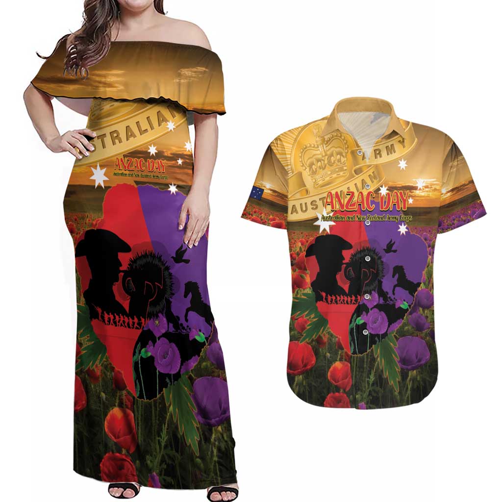 Australia ANZAC Day Couples Matching Off Shoulder Maxi Dress and Hawaiian Shirt Australian Army Animals Lest We Forget