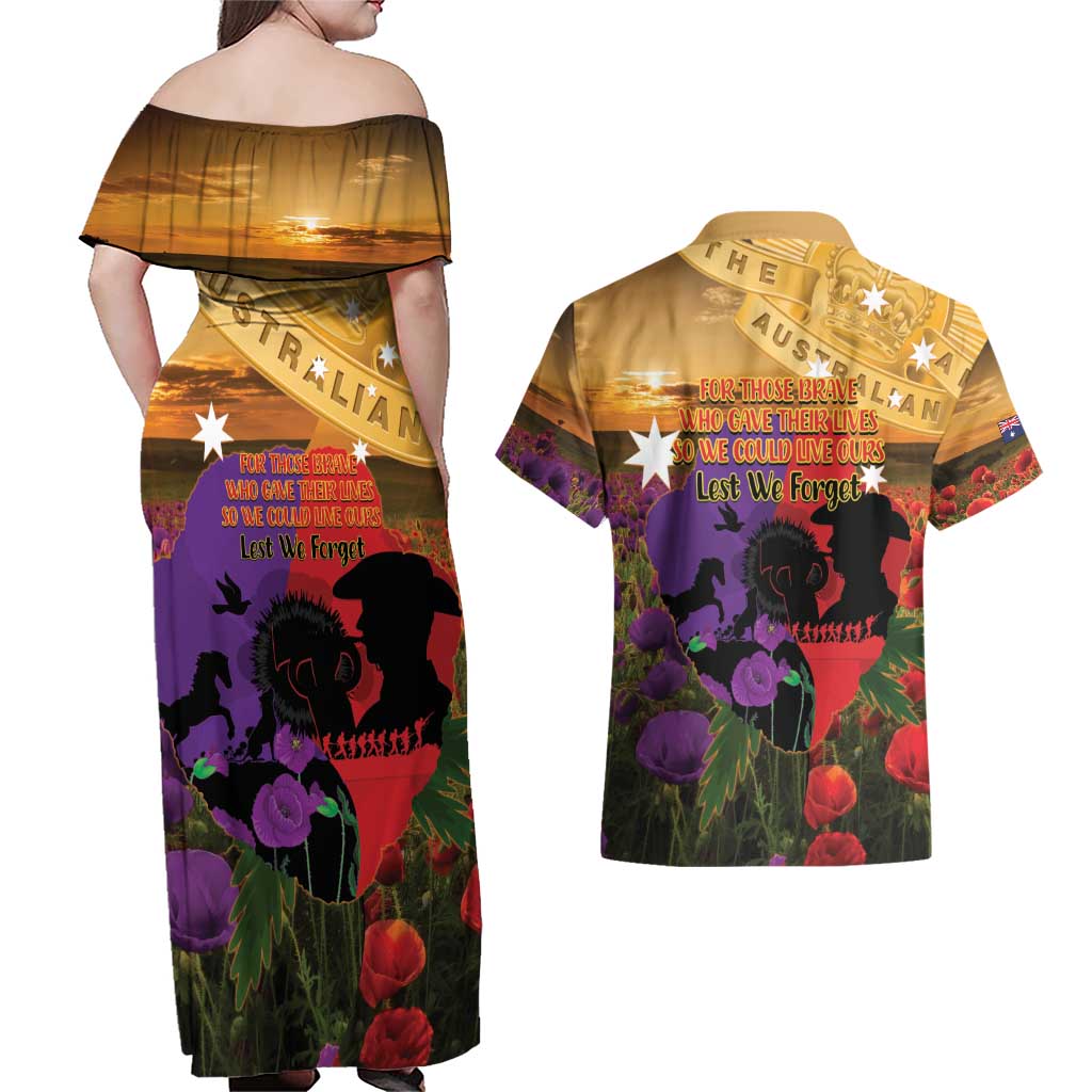 Australia ANZAC Day Couples Matching Off Shoulder Maxi Dress and Hawaiian Shirt Australian Army Animals Lest We Forget