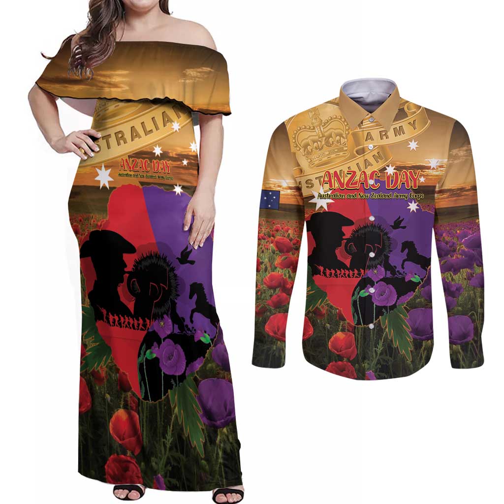 Australia ANZAC Day Couples Matching Off Shoulder Maxi Dress and Long Sleeve Button Shirt Australian Army Animals Lest We Forget