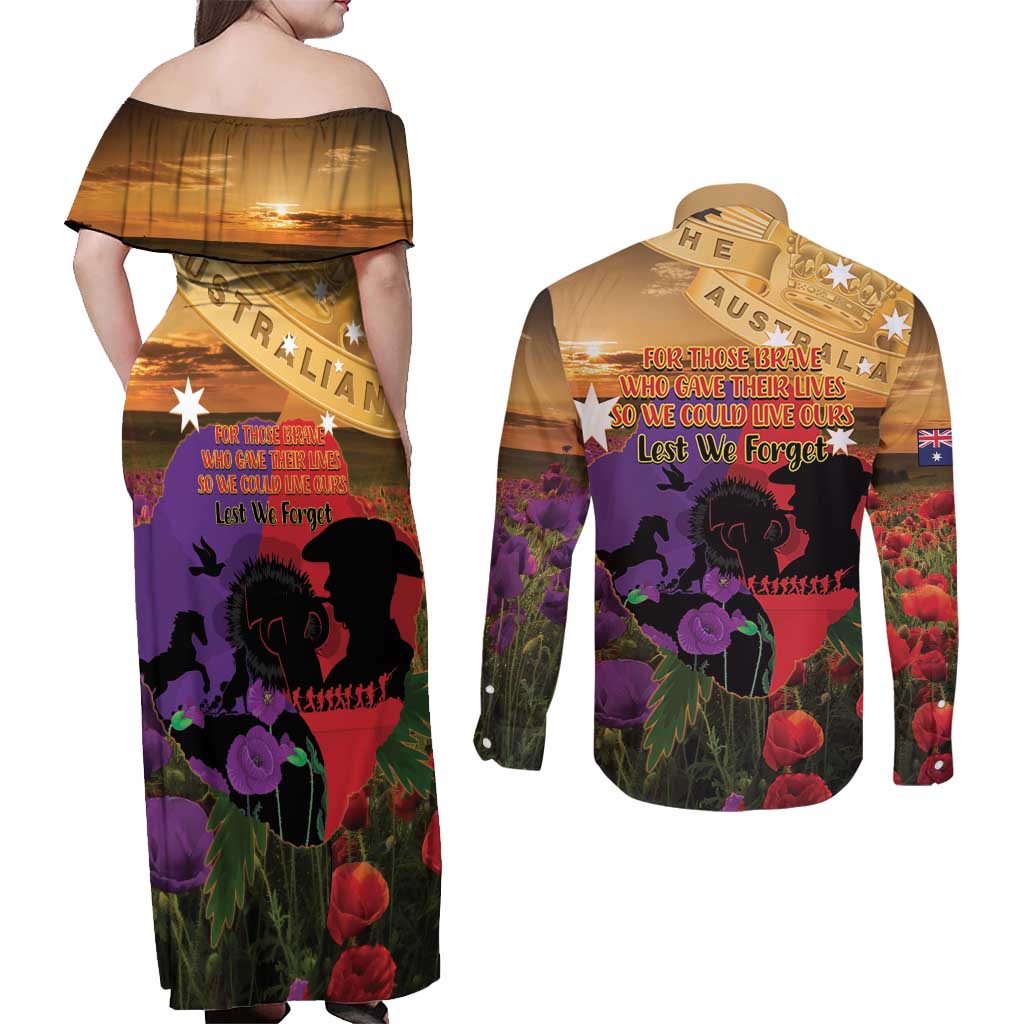 Australia ANZAC Day Couples Matching Off Shoulder Maxi Dress and Long Sleeve Button Shirt Australian Army Animals Lest We Forget