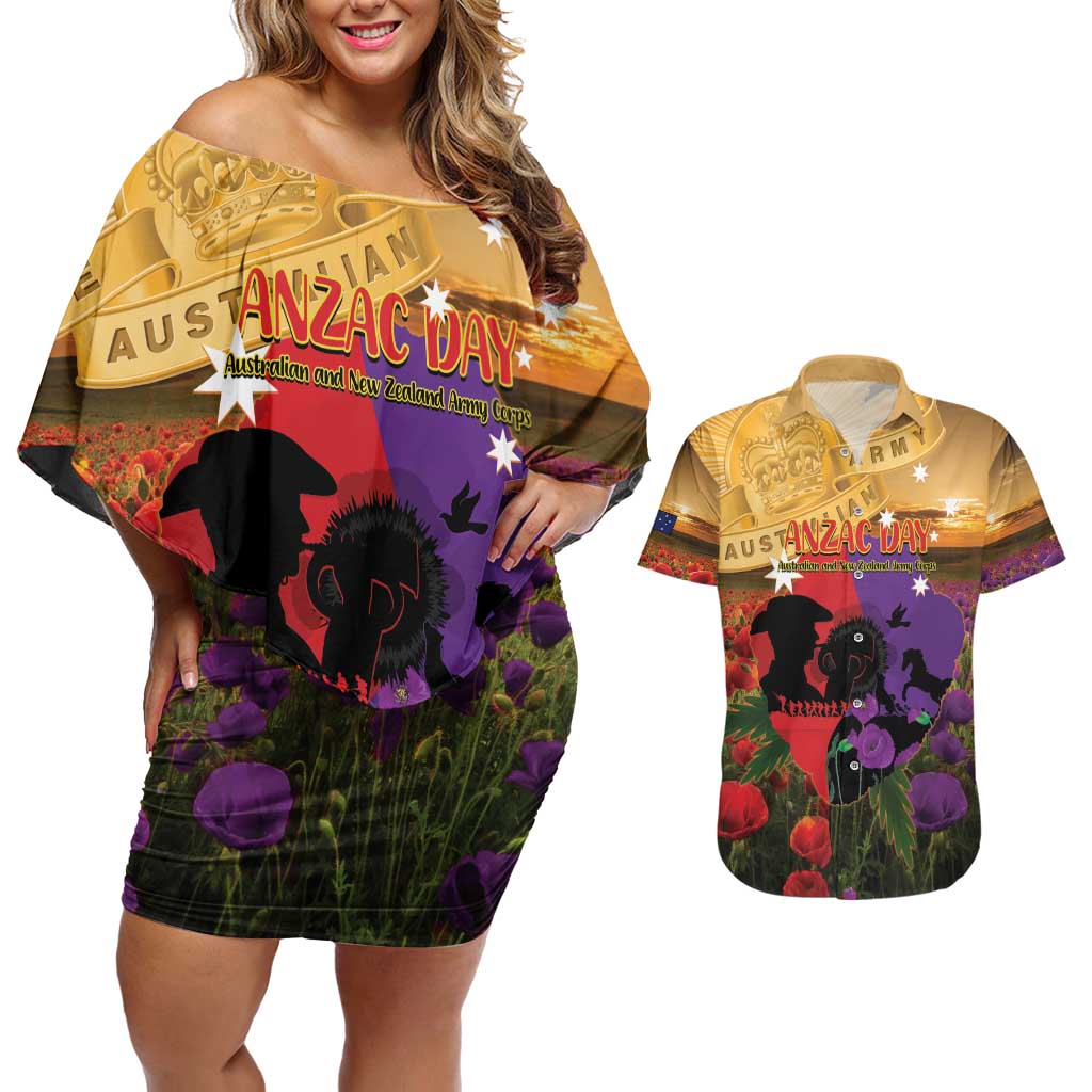 Australia ANZAC Day Couples Matching Off Shoulder Short Dress and Hawaiian Shirt Australian Army Animals Lest We Forget