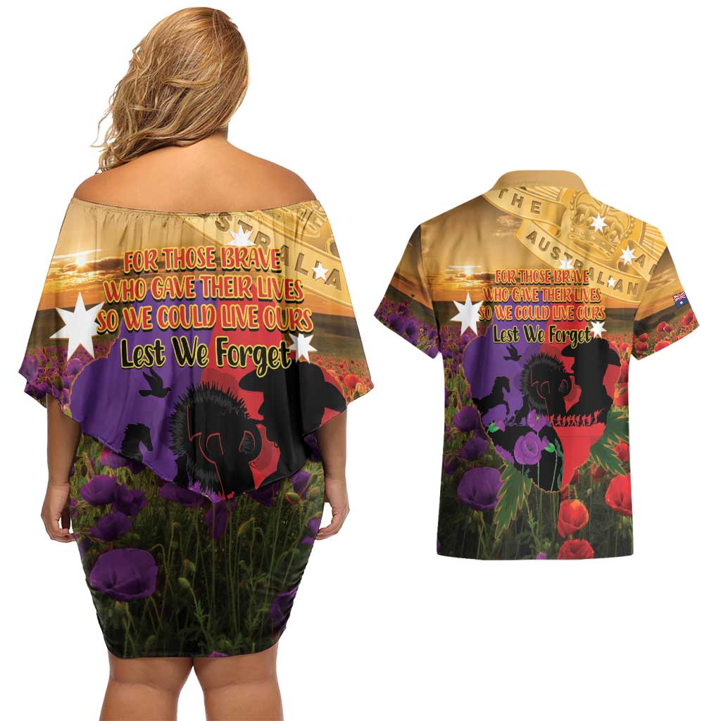 Australia ANZAC Day Couples Matching Off Shoulder Short Dress and Hawaiian Shirt Australian Army Animals Lest We Forget