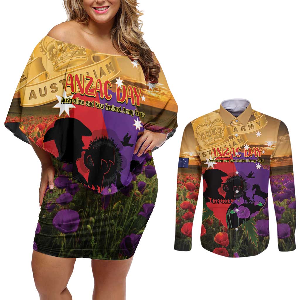 Australia ANZAC Day Couples Matching Off Shoulder Short Dress and Long Sleeve Button Shirt Australian Army Animals Lest We Forget
