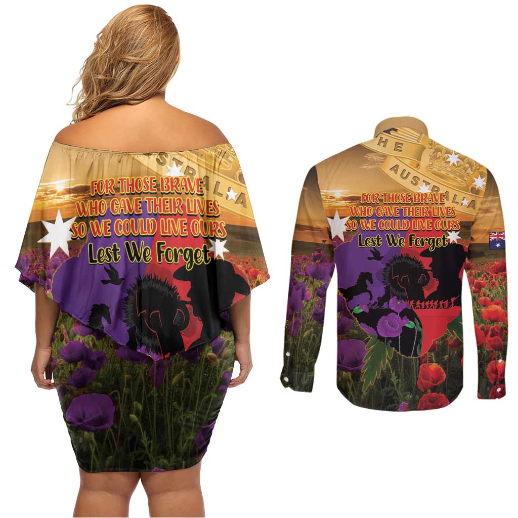 Australia ANZAC Day Couples Matching Off Shoulder Short Dress and Long Sleeve Button Shirt Australian Army Animals Lest We Forget