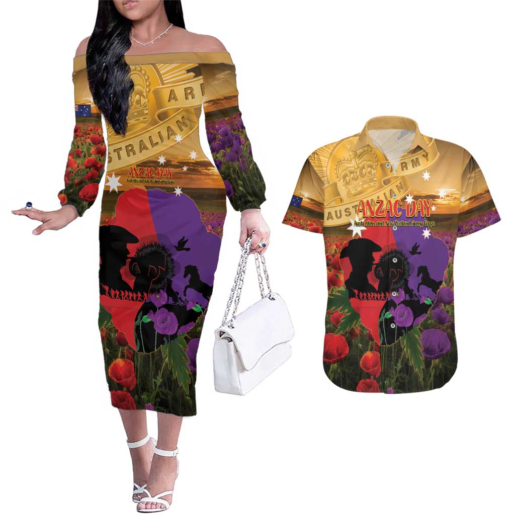 Australia ANZAC Day Couples Matching Off The Shoulder Long Sleeve Dress and Hawaiian Shirt Australian Army Animals Lest We Forget